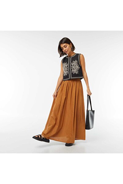 KIABI Long skirt with elasticated waist and ties BROWN