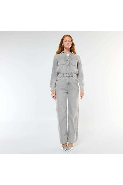 KIABI Long-Sleeve Denim Jumpsuit GREY