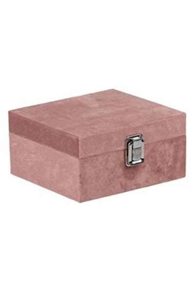 SHOPIENS Wooden Storage Box Pink Velvet with Metal Closure 16 x 16 x 8 cm