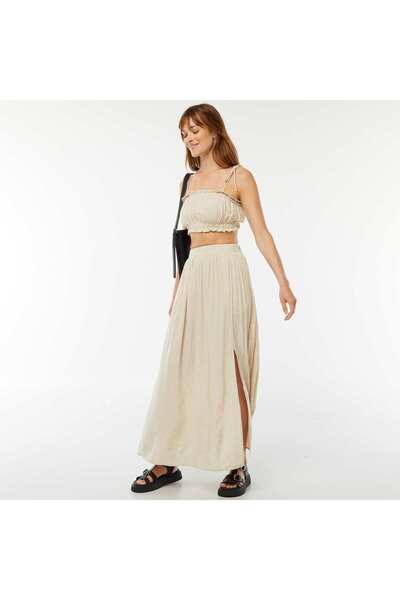 KIABI Linen-blend midi skirt with 2 pockets BEIGE