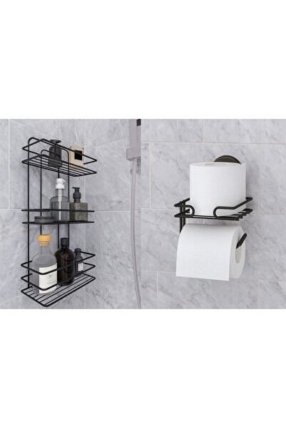 Evistro Banyo Köşe Rafı 3 Katlı Siyah Şampuanlık -Tuvalet Kağıtlığı Siyah 2 l...