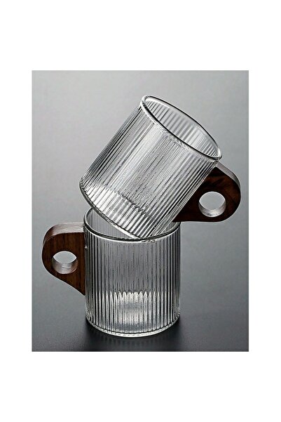 ABS Glass Mug with Wooden Handle, 350ml, Transparent – Vertical Stripes Design