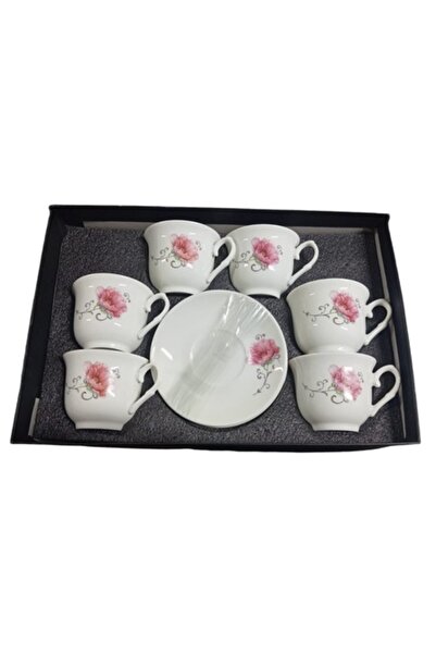 ABS Set 6 cești ceramice + 6 farfurii cu model floral