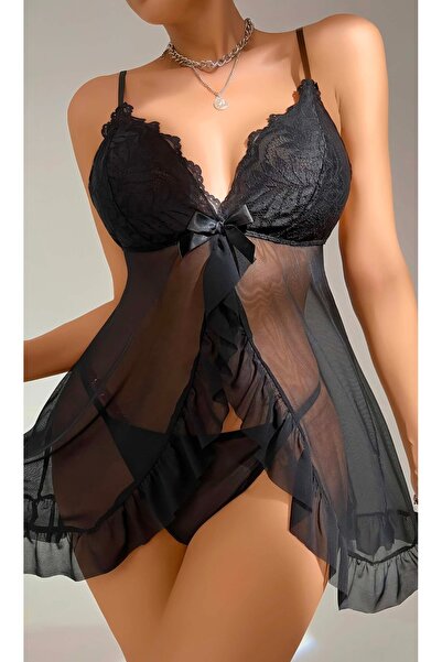 SiaLess Lingerie Cămașă de noapte din tul mini cu bretele din dantelă neagră pentru femei