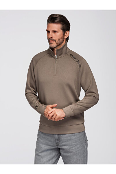 OMBRE Pánská mikina s kontrastním potiskem a vysokým límcem na odepnutí - šedohnědá V3 OM-SSZP-0211
