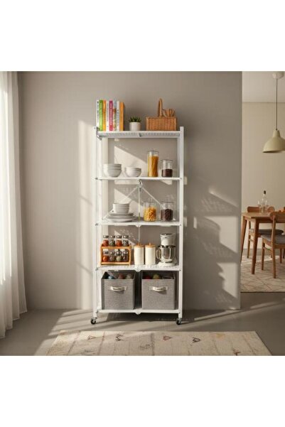 Family Ship رف تخزين معدني قابل للطي بخمس طبقات مع عجلات - أبيض