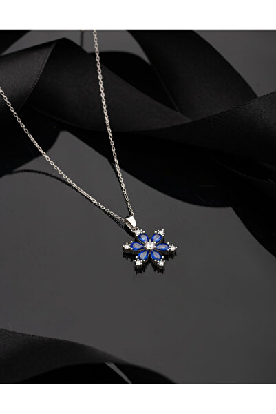 Erdobia 925 Ayar Safir Taşlı Rodyum Lotus Çiçeği Gümüş Kolye