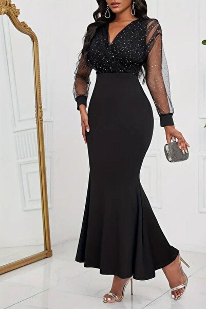 Maya Butik Kollar Tül Yakası Taşlı Kruvaze Balık Elbise - 72338