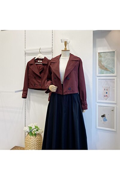 Faya Boutique Siyah Düğmeli Bordo Kısa Trençkot