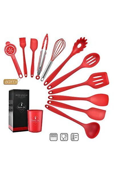 ABS Set of 11 kitchen utensils, red silicone, with holder