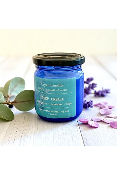 DEEP BREATH - Okaliptüs Lavanta Adaçayı Aromalı Doğal Soya Mumu 200 ML Mavi Cam Kavanoz