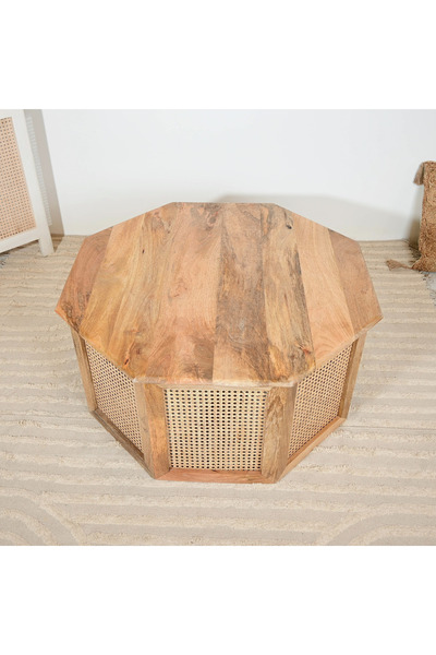 Lifestyle Home Carving Wooden Coffee Table with Rattan Detailing - 90x46 cm