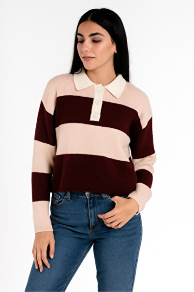 RTD&VLD سترة نسائية محبوكة بأزرار وياقة بولو باللون الوردي