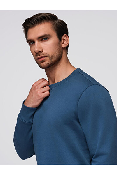 OMBRE Pánská mikina BASIC s kulatým výstřihem - tmavě modrá V4 OM-SSBN-0175