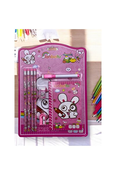ABS School stationery set with notepad, 4 pencils, pen, eraser and sharpener, Bunny model - Pink