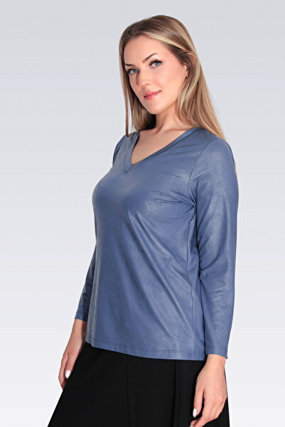 TOLGA SARAÇOĞLU 10686 INDIGO Aspect piele cu decolteu în V, tricotat din material subțire UZ