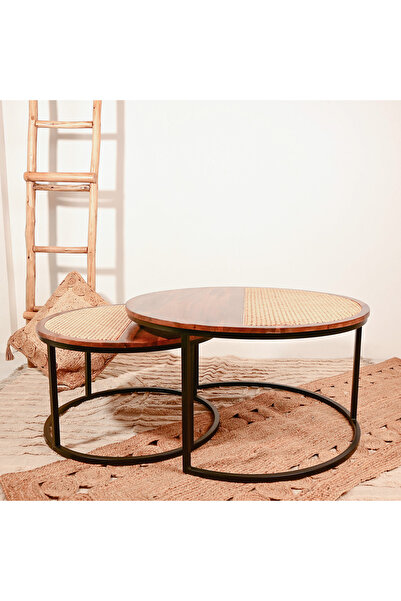 Crafted by Lifestyle Home Carving 2-Piece Rattan Detail Wooden Nesting Table Set