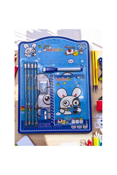 ABS School supplies set with notebook, 4 pencils, pen, eraser and sharpener — Bunny model (Blue)
