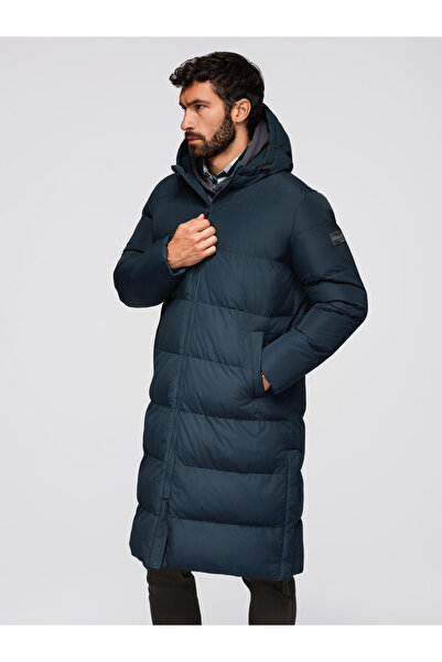 OMBRE Klassische lange Jacke mit Kapuze für Männer - Dunkelblau OM-JALJ-0269