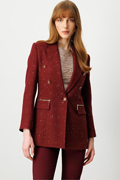 Moda İlgi Modailgi Kırlangıç Yaka Düğme Detaylı Astarlı Rahat Formlu Ceket Bordo