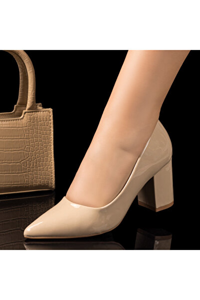 Modlet.ro Women's beige glossy block heel shoes MOD06134