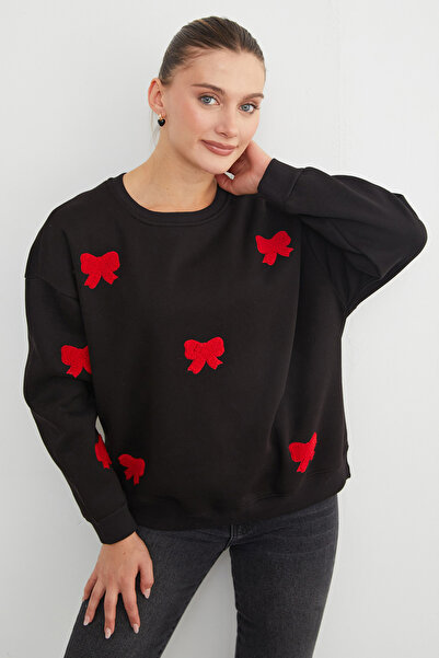 Fulla Moda 3 İplik Fiyonk Nakışlı Oversize Sweatshirt