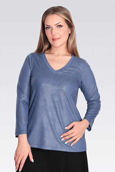 TOLGA SARAÇOĞLU 10686 INDIGO Aspect piele cu decolteu în V, tricotat din material subțire UZ