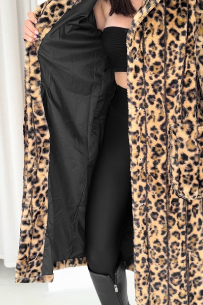 FEMELLE Leopard Print Snap Button Knitwear Detailed Hooded Premium Long Fur Coat with Lining