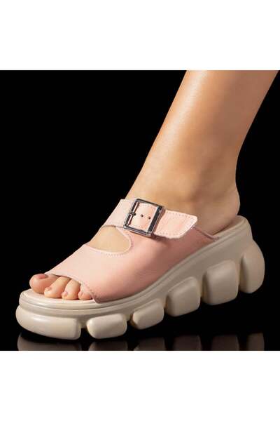Modlet.ro Γυναικείες ροζ Δερμάτινο παντόφλες πλατφόρμας με αγκράφα MOD09417