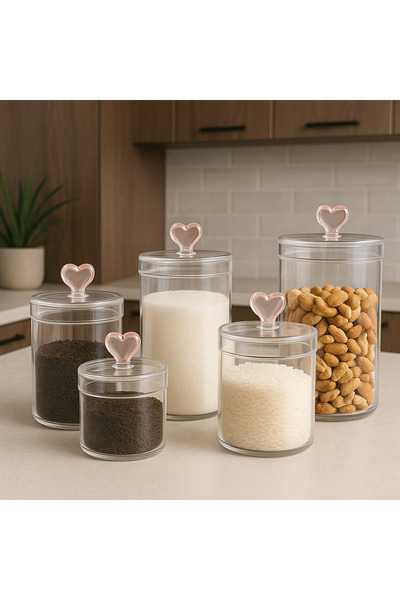 Kitchen Line 5 Lİ HEARTS KALP DETAYLI KAVANOZ ŞEKERLİK DRAJE 450ML 600ML 750ML 950 ML 1150ML