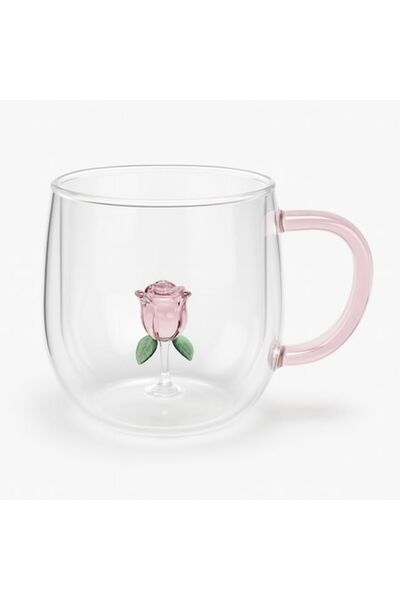 ABS Cană de sticlă, 380 ml, cu figurină 3D de trandafir, roz