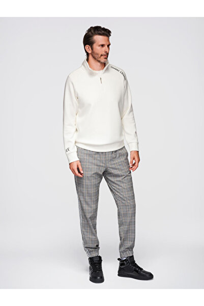 OMBRE Pánská mikina s vysokým límcem na odepnutí a kontrastním potiskem - ecru V2 OM-SSZP-0211