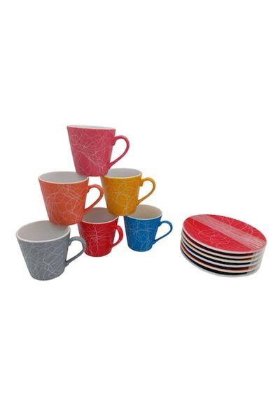 ABS Set 6 cups + 6 saucers ceramic conical model, multicolor