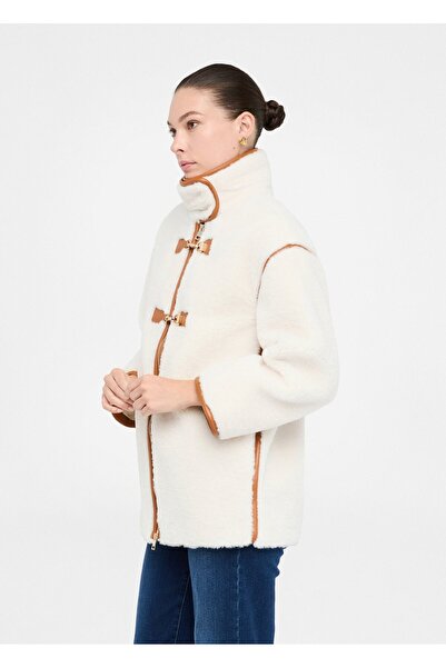 Liu Jo Women's Regular Fit Stand Collar Metal Hook Long Sleeve Wool Ecru Coat Mf5121E0936-20304