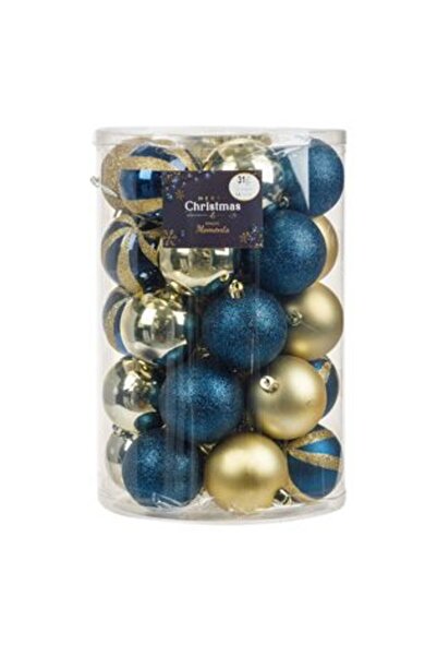 OEM Set Globuri de Crăciun - Albastru și Auriu Mat, Strălucitor și Sclipici Ø7 cm și Beteală - 31 buc