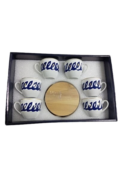 ABS Σετ 6 κεραμικών ποτηριών + 6 ξύλινων σουβέρ, χρυσό και μπλε σχέδιο + σεντόνι