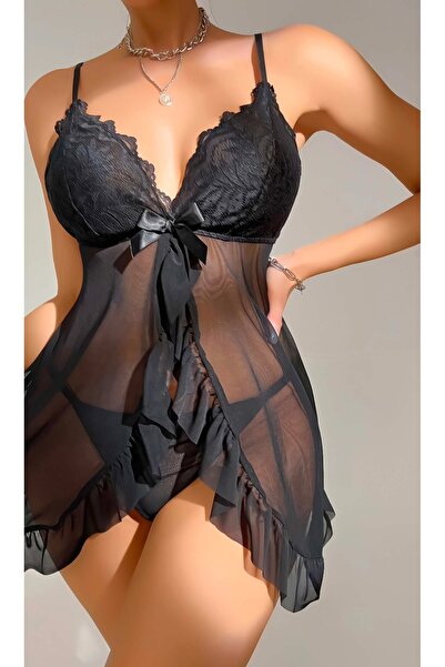 SiaLess Lingerie Cămașă de noapte din tul mini cu bretele din dantelă neagră pentru femei