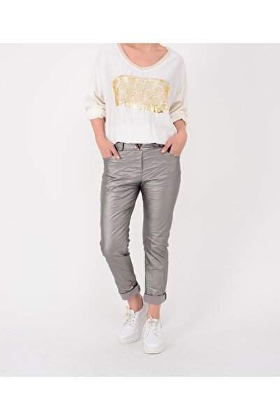 günay boutıque Belt Detailed Leather Look Silver Color Trousers