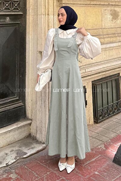 lamelif Gabardine Hijab with Straps, Green