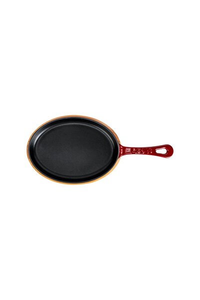 Lava Cast Iron Oval Fajita Plate with Solid Cast Iron Handle, Beech Serving Wood, Size 17X23Cm.-Burgundy