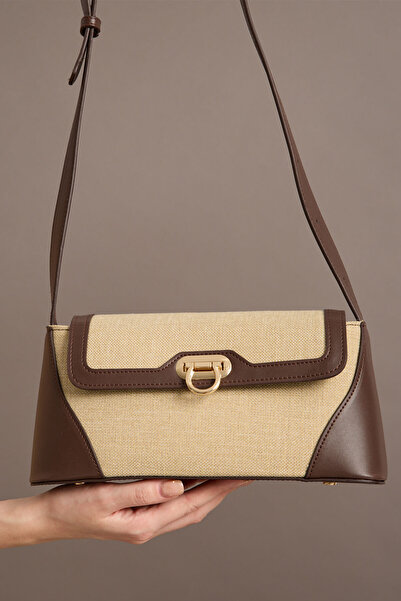 Garbalia Ottava Wicker Pattern Women's Brown Shoulder Bag with Interior Zipper Compartment and Special Buckle Lock