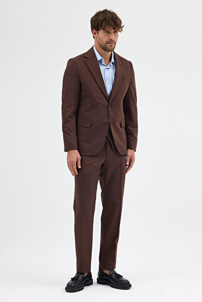 Frappoli Ruben Erkek Kahve Poliviskon Kumaşlı Ceket+Pantolon+Yelekli Slim Fit Takım Elbise