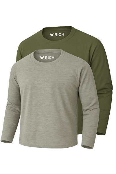 Rich Мъжки Haki-Grimelanj 2-пакет основни дългоръкавни спортни тениски