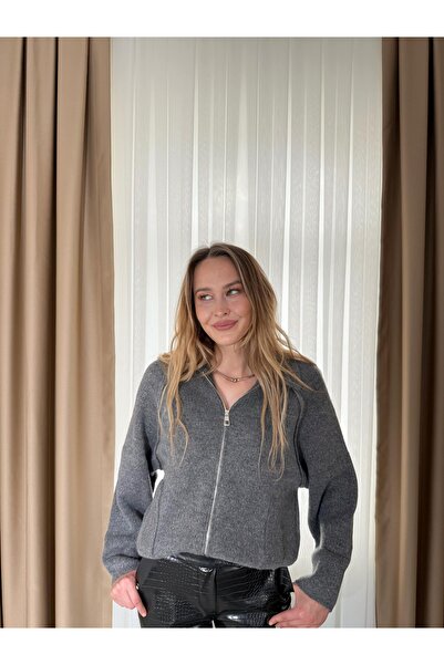 monanora Kadın Antrasit Gri Fermuarlı Oversize Devrik Yaka Triko Hırka