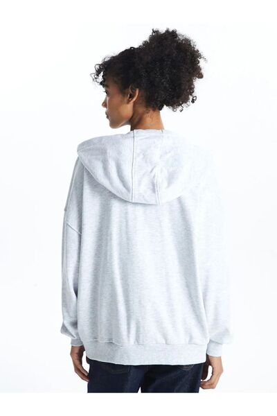 LC Waikiki Xside Gray Hooded Printed Long Sleeve Oversize Women's Zippered Sweatshirt