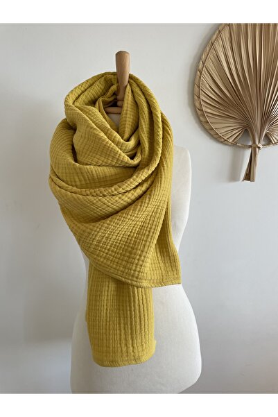 LeBohas Sarı Pamuk Atkı 4 katlı Müslin Şal Atkı Yumuşacık Kış Atkı