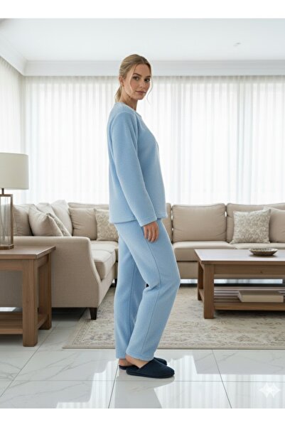 FAMES PİJAMA KADIN MAVİ PELUŞ PİJAMA TAKIMI