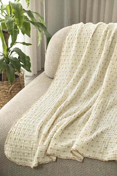 Medaillon Home Krem Bej Müslin TV Battaniyesi / Koltuk Şalı – 130x170 cm, 3 Katlı Noktalı, Çoban Dikişli