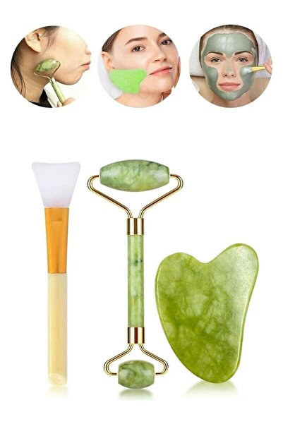 HaLVeY 3'lü Cilt Bakım Seti Yeşim Taşı + Gua Sha Masaj Taşı + Maske Sürme Apa...