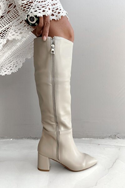 Shoebutik Bauwe Bej Deri Fermuarlı Genişleyebilen Kadın Çzime